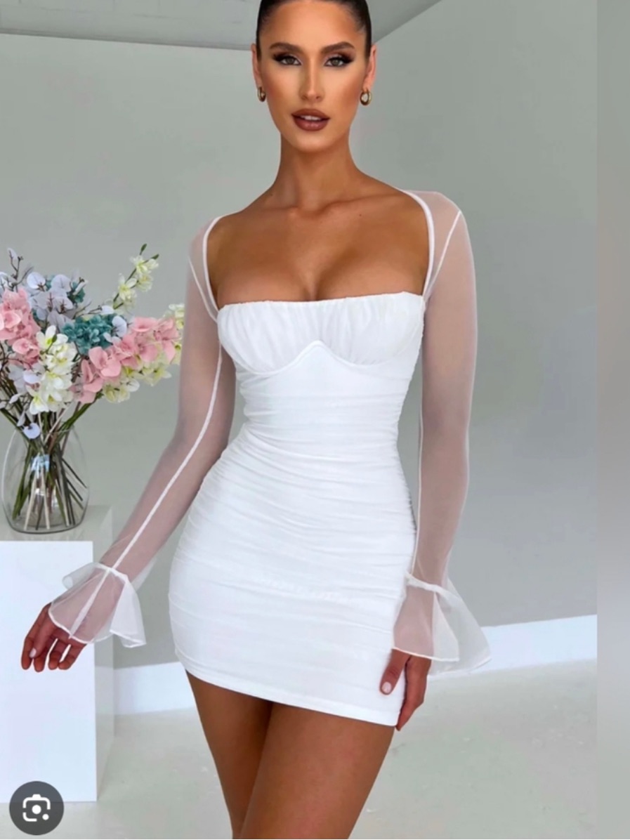 Babyboo White Sheer-Sleeve Mini Dress